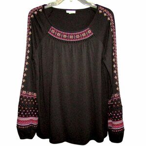 J Jill Black Embroidered Jersey Peasant Top Size S Balloon Sleeves Boho Womens